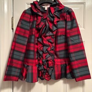 Boston Proper Red and Dark Green Plaid Ruffled Jacket